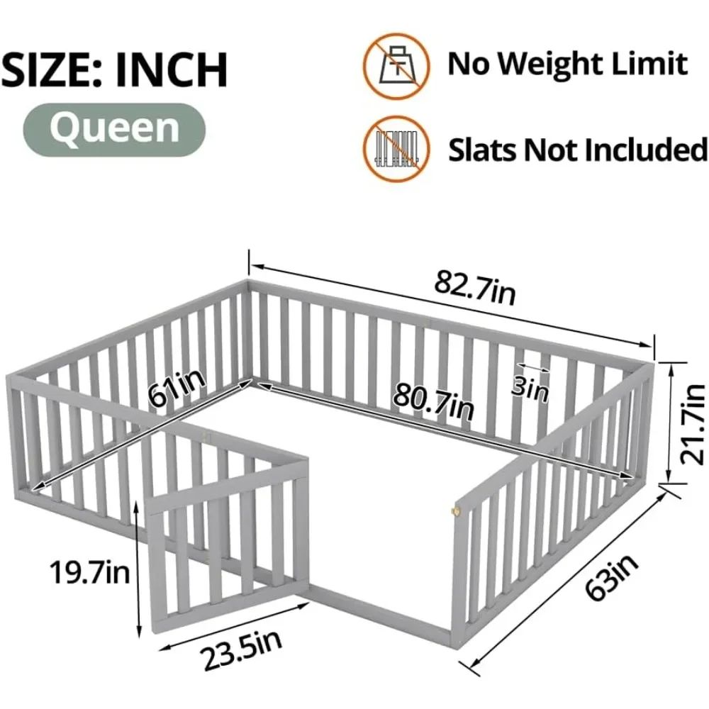 Queen Size Montessori Floor Bed, Multifunctional Wood Bed Frame with Fence & Door for Children Boys Girls Bedroom Living Room 2