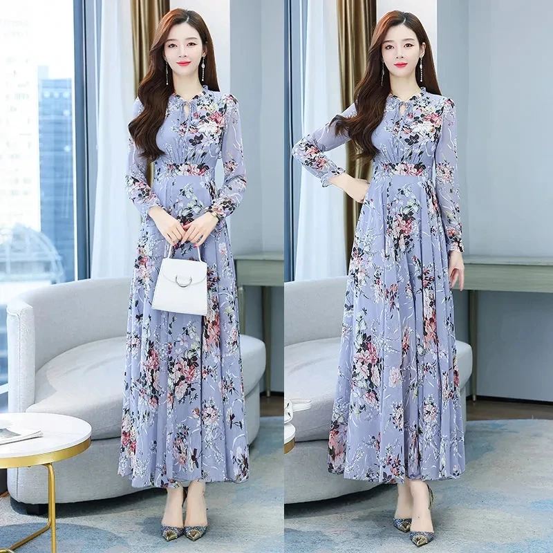 2024 Floral Vintage Chiffon Long Sleeve Dress Spring Autumn