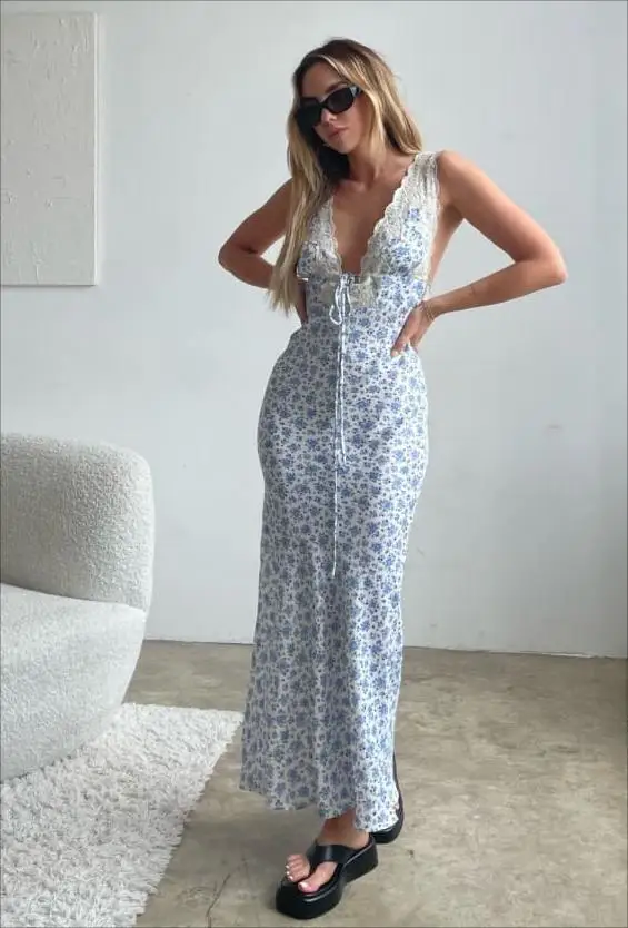 

Женское винтажное платье без рукавов, Элегантное Длинное платье с цветочным кружевом и глубоким V-образным вырезом, вечернее платье с открытой спиной спереди, лето