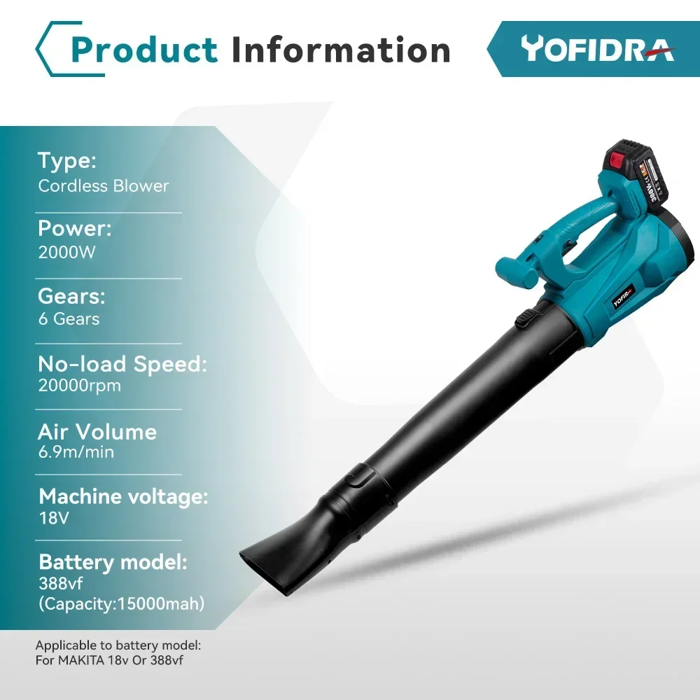 Yofidra 2000W Electric Blower 6 Gears Adjustable Cordless Leaf Blower Clean Fallen Leaves Dust Snow Tool For Makita 18V Battery