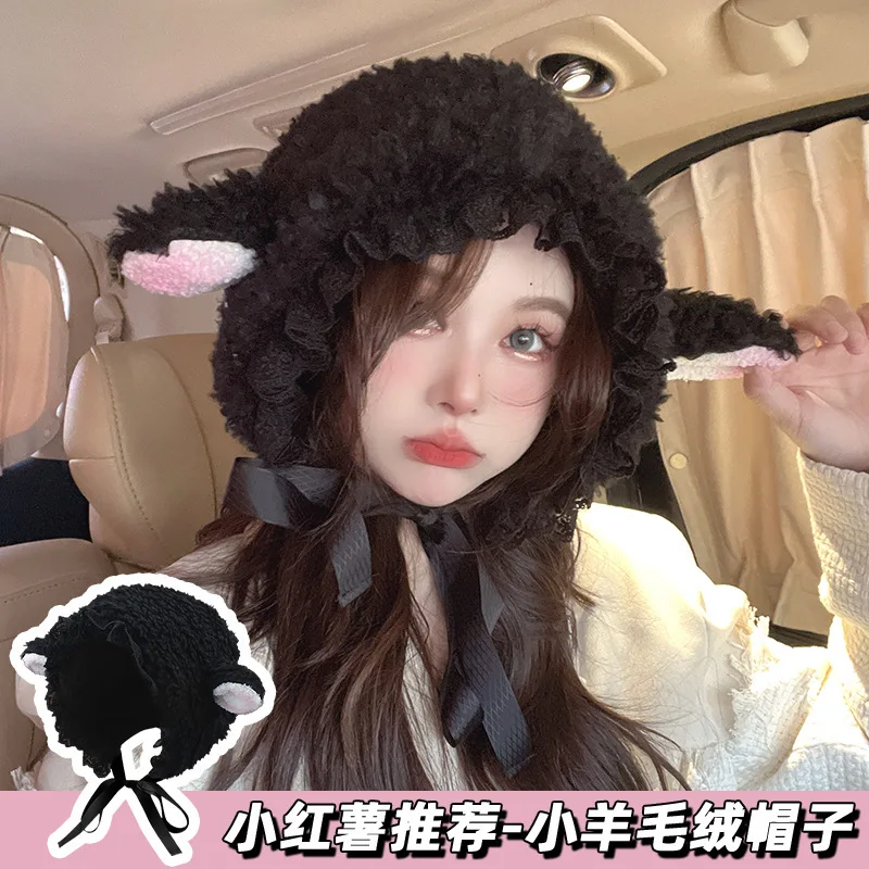 Lolita Lamb Fleece Hats Fluffy Costume Accessories Chrismas Warm Soft Lovely Lamb Beanies Bucket Hat Cute Little Sheep Ear Caps