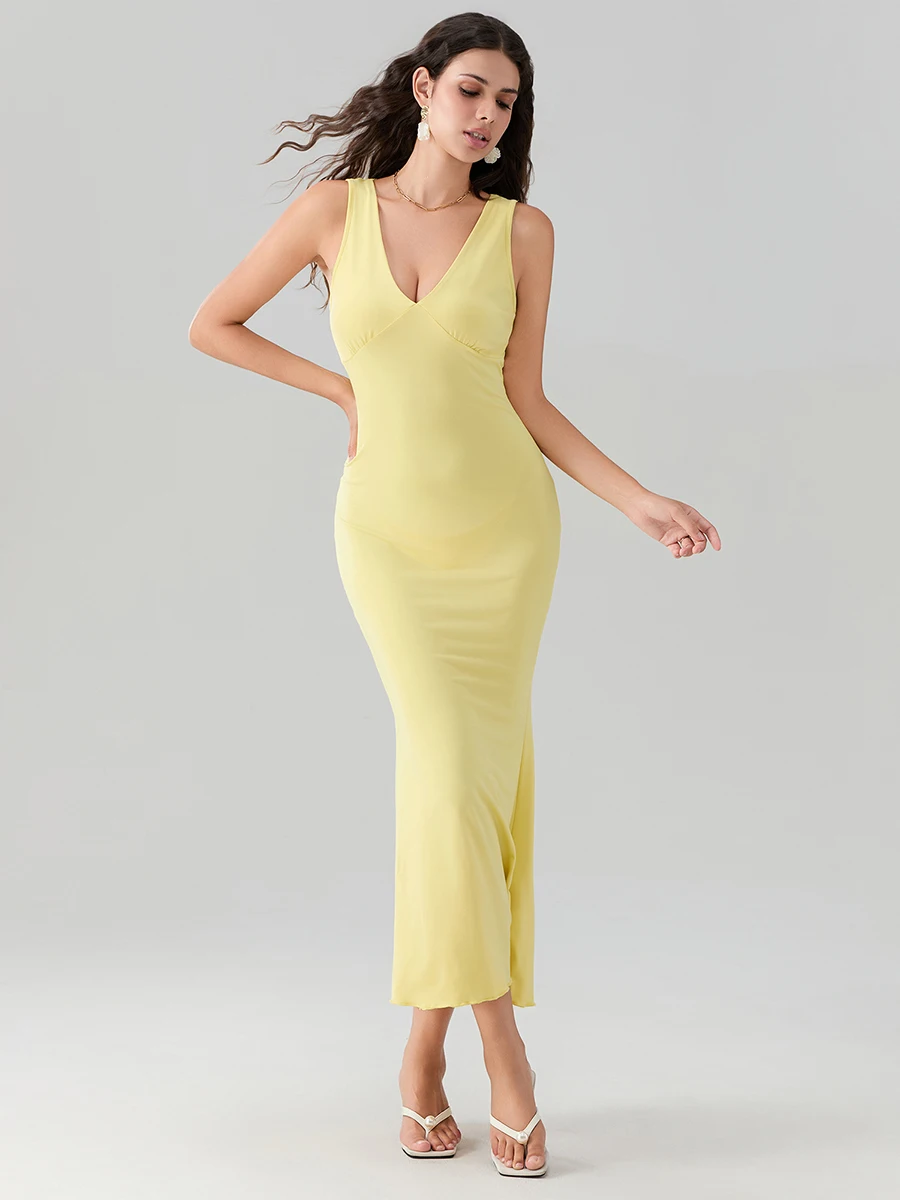 

Women Summer Long Evening Dress Sleeveless V Neck Backless Solid Color Party Dress