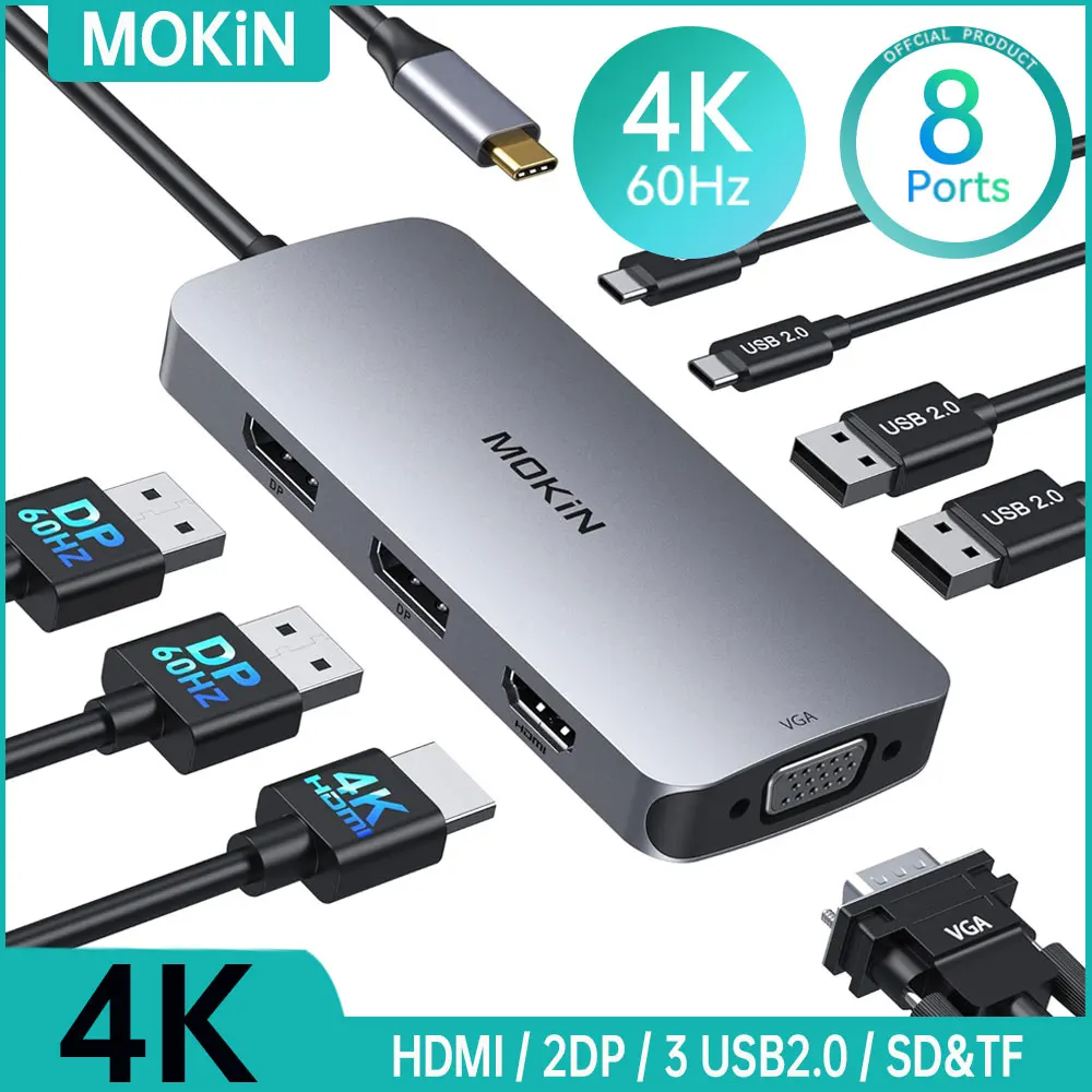 

MOKiN USB Type C HUB Docking Station 4K 60Hz HDMI 2DP VGA 3 USB2.0 PD100W Adapter For MacBook Pro Air M2 M1 PC Accessories dock