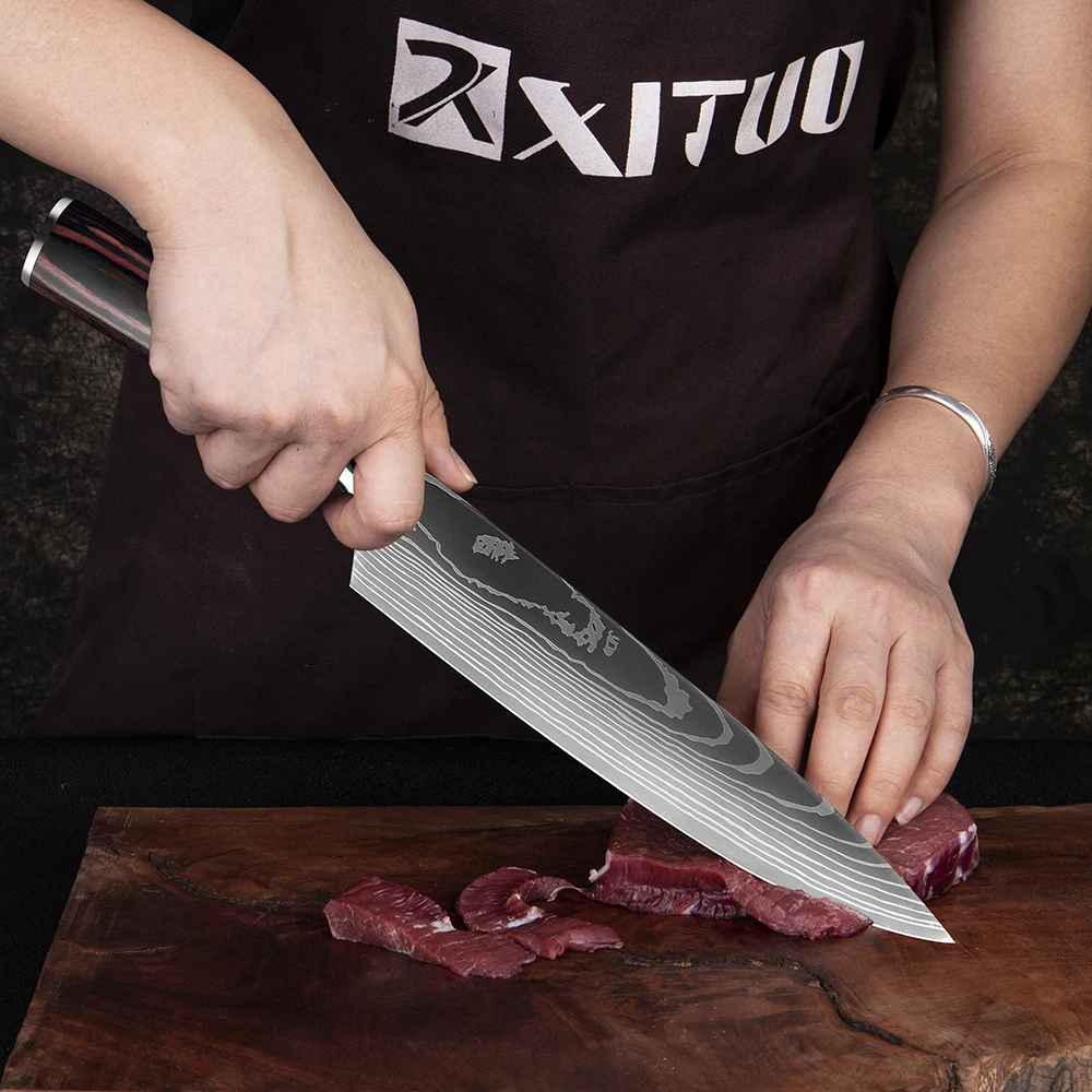 High quality 440C German Steel Kitchen Knife Damascus Laser