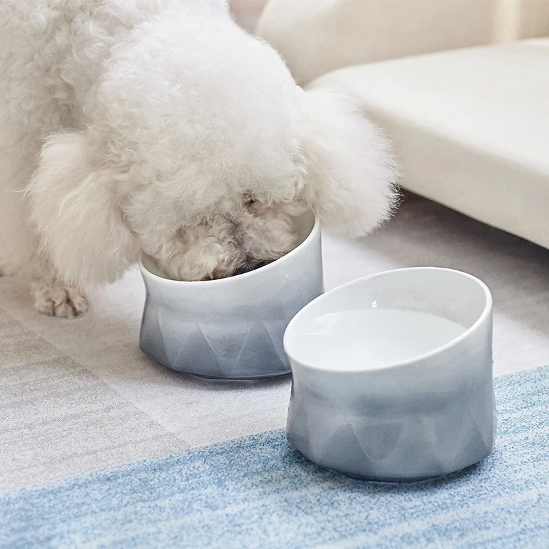Nordic ins wind cat bowl ceramic protection cervical spine small dog high foot oblique mouth cat food bowl
