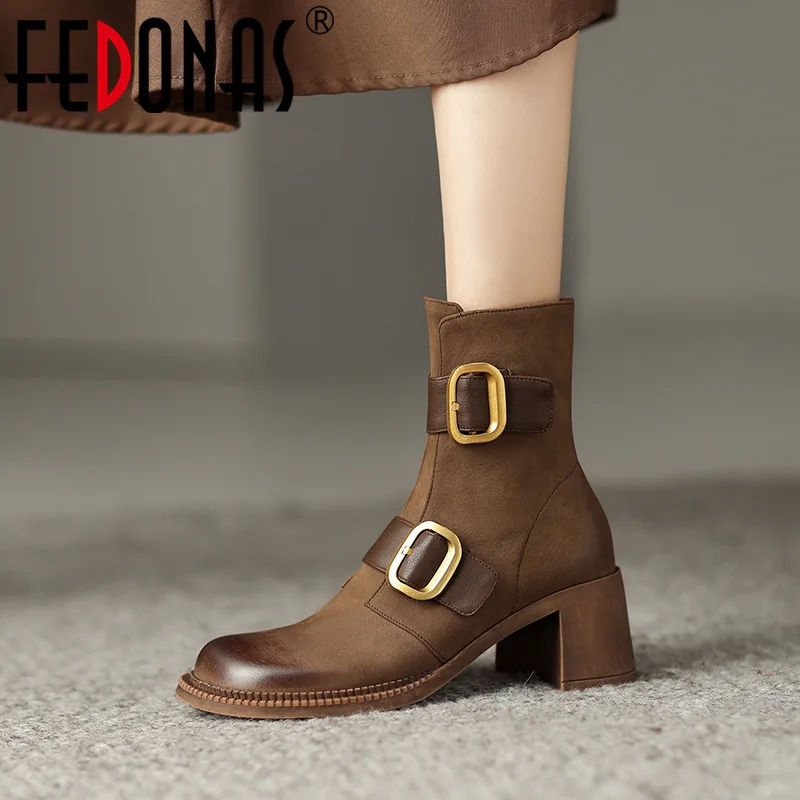 

FEDONAS Thick High Heels Women Ankle Boots Genuine Leather Retro Casual Office Shoes Woman Side Zipper Belt Buckle Autumn Winter