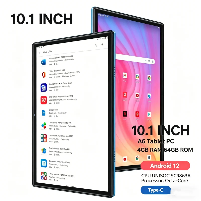 10.1 INCH T10 RAM 4GB ROM 64GB A6 Android 12 Tablet PC CPU UNISOC SC9863A Processor, Octa-Core Cortex-A53 Type-C