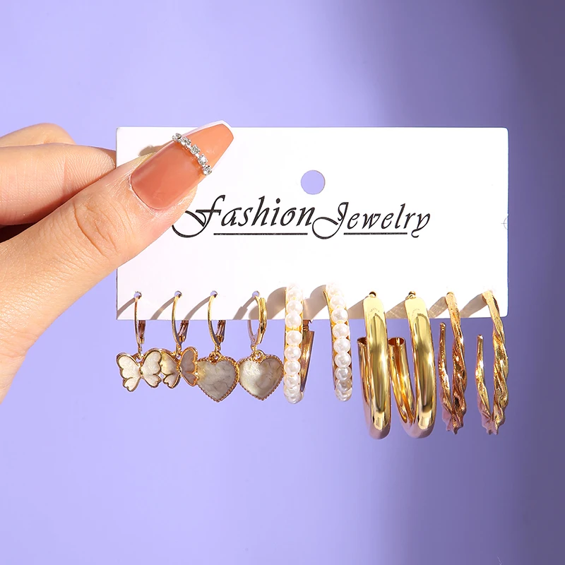 Colorful Resin Butterfly Earrings Set Pearl Purple Green Acrylic Gold Color Metal Hoop Earrings for Women Fashion Party Jewelry