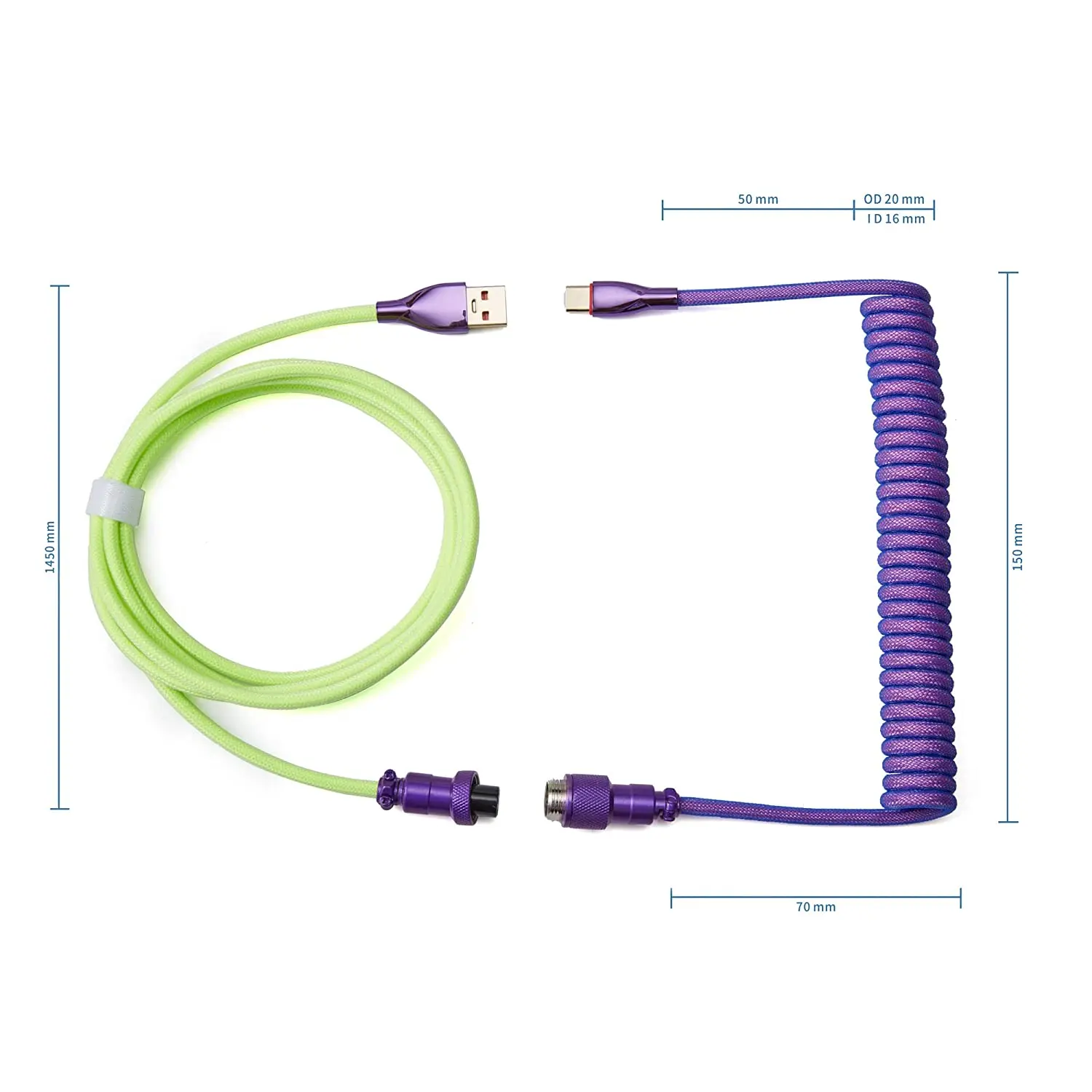 USB C Keyboard Cable Coiled for Mechanical Gaming Keyboard Double-Sleeved Detachable Metal Connector