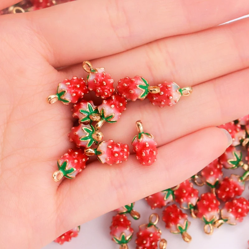 Set of 10 Enamel Strawberry Charms - Gold-Tone Fruit Pendants