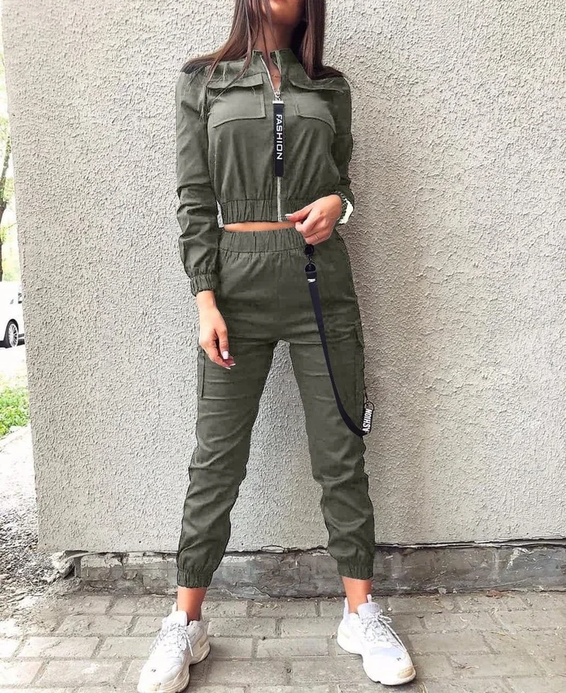 2023 New Women Autumn Spring Set Sportswear Solid Running Casual Zipper Ruched Long Sleeve Coat +Pants Sets Ladies Fashion Suit