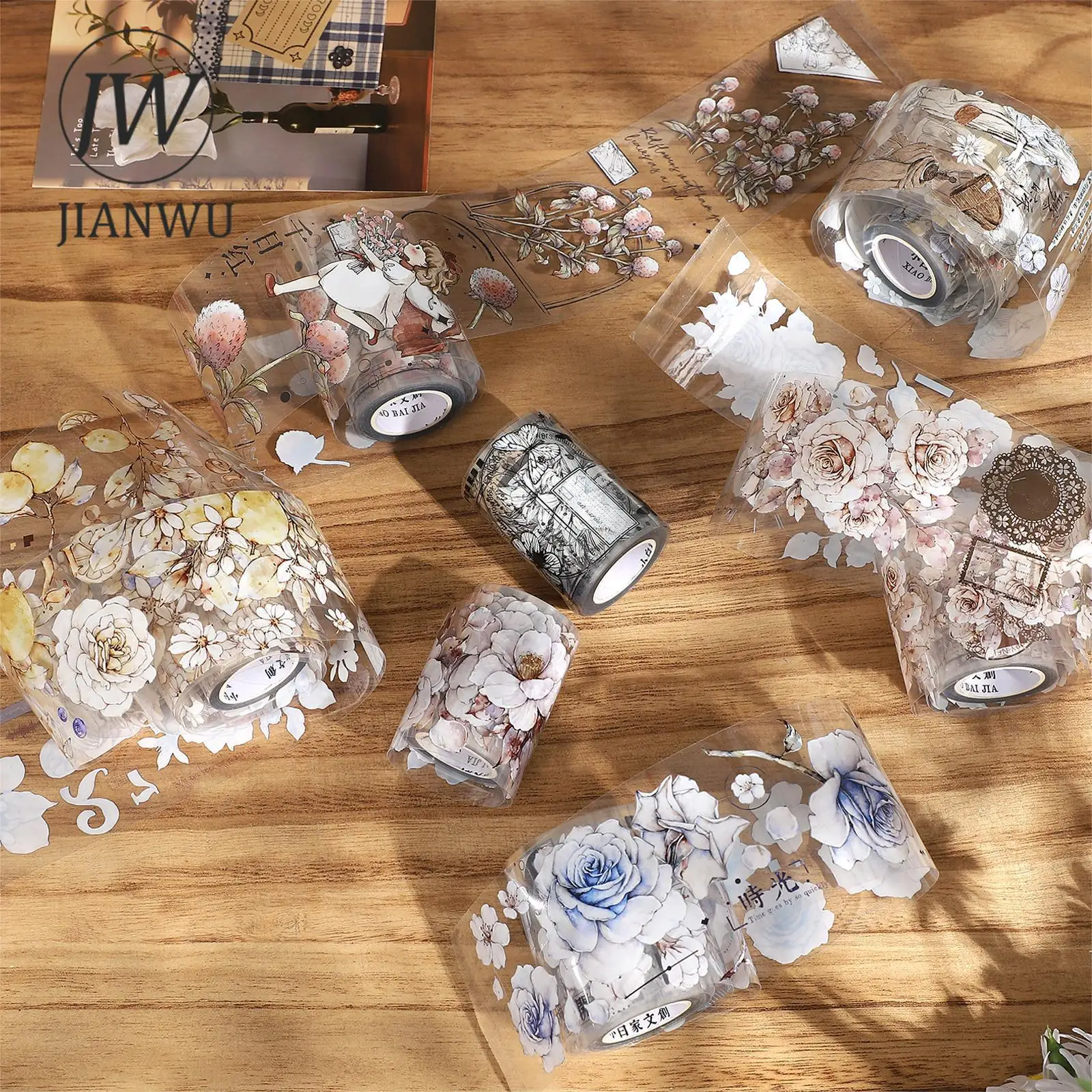 JIANWU 빈티지 식물 꽃 캐릭터 조경 콜라주 재료 장식 pet 테이프, 창의적인 DIY 저널 문구, 600cm/롤
