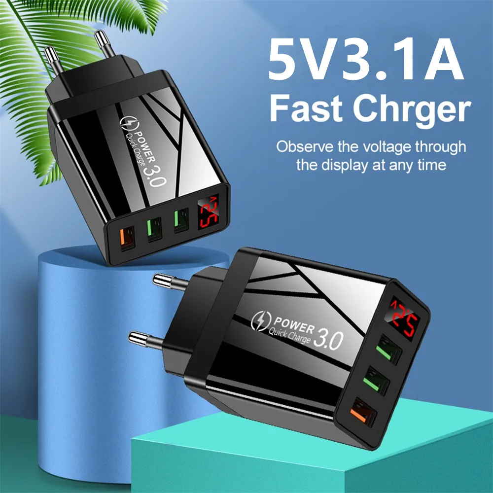 USB Quick Charger For Mobile Phone 5V 3.1A QC 3.0 LED Display 3 Ports For iPhone Samsung Galaxy Huawei Xiaomi Tablet Fast Charge
