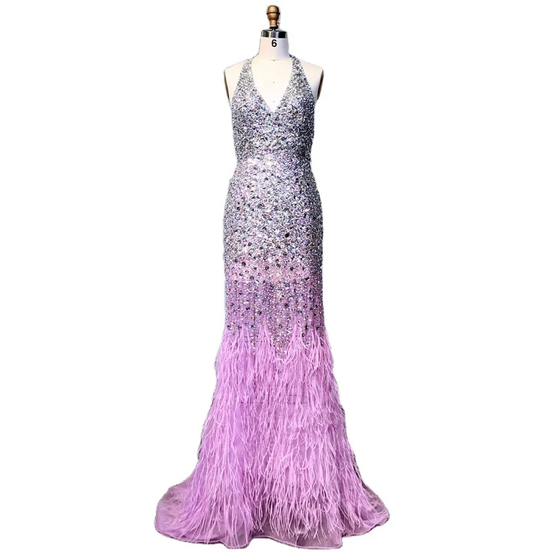 

Purple V Neck Halter Sleeveless Sexy Evening Dresses Customized Best Price Feathers Beaded Party Gowns For Women 2023