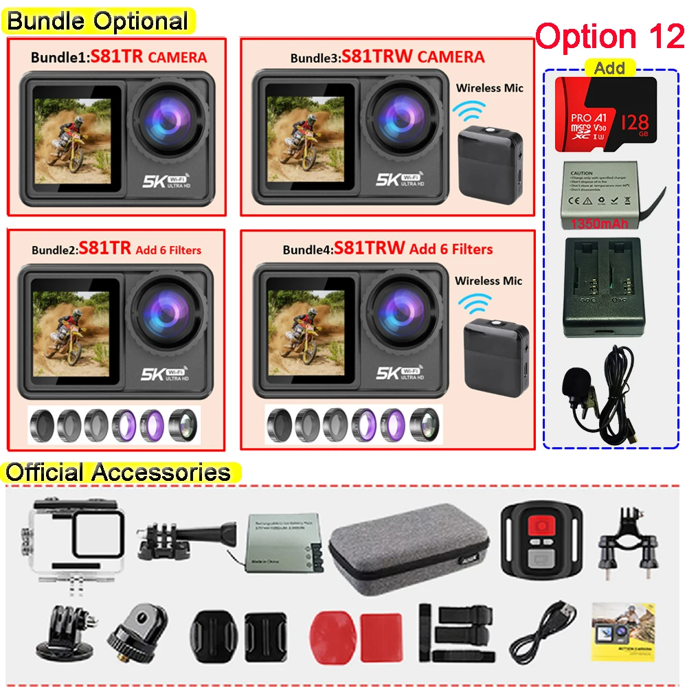 thumbnail image 1 of Cámara de acción S81TRW 5K 4K60FPS 48MP EIS DVR cámara web 2 "IPS pantalla Dual opcional 6 filtros micrófono inalámbrico Wi-Fi cámara deportiva, 1 of 4