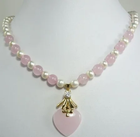 

trendy mixed white pearl pink Natural jade necklace +heart pendant