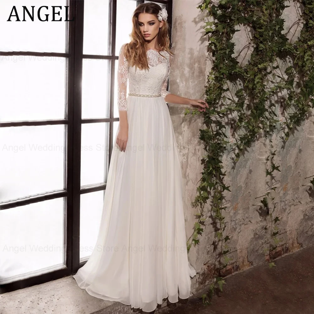 

ANGEL Civil 3/4 Sleeve O-Neck Wedding Dresses Chiffon A-Line Top Lace Bridal Gown Sweep Train Plus Size Vestido De Novia