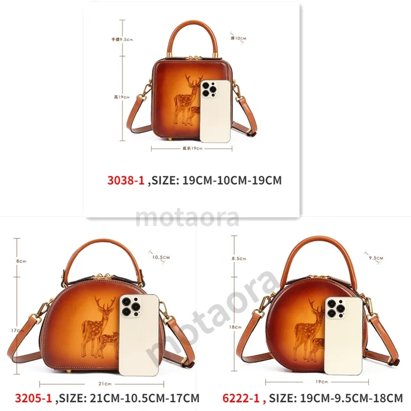 Deer embossed leather handbag first layer cowhide retro slung Women's bag luxury bag woman