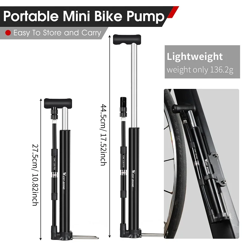 Pompe à Vélo Portable 160 PSI - Avec Manomètre, Valves Presta/Schrader, Pour Pneus De Vélo, Voiture, Ballons