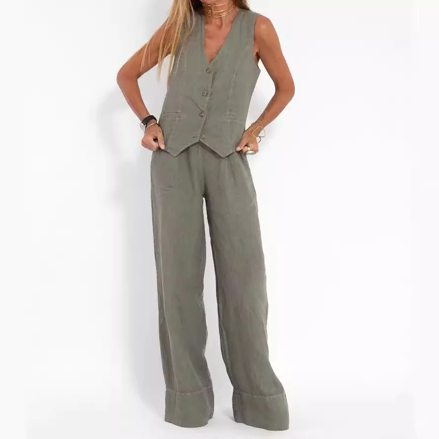 Women Elegant Solid Waistcoat Pant Sets Single Breasted V Neck Vest Top + High Waist Slim Long Pants Lady Office Wear Suits