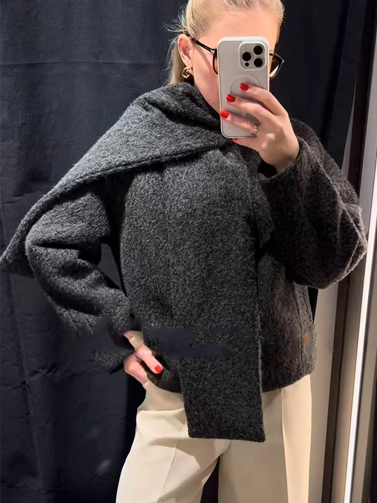 Women Solid Button Loose Jackets Warm Scarf Collar Long Sleeve Temperament Short Coat Female Fashion Style Winter Outerwear