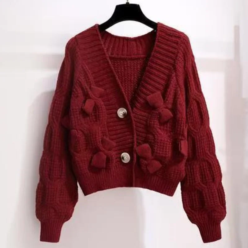 Elegant Winter Coat New In Korean Style Women's Clothing Sweet Bow Knitwear Long Sleeve Top Sweater Cardigan Casual Outerwears