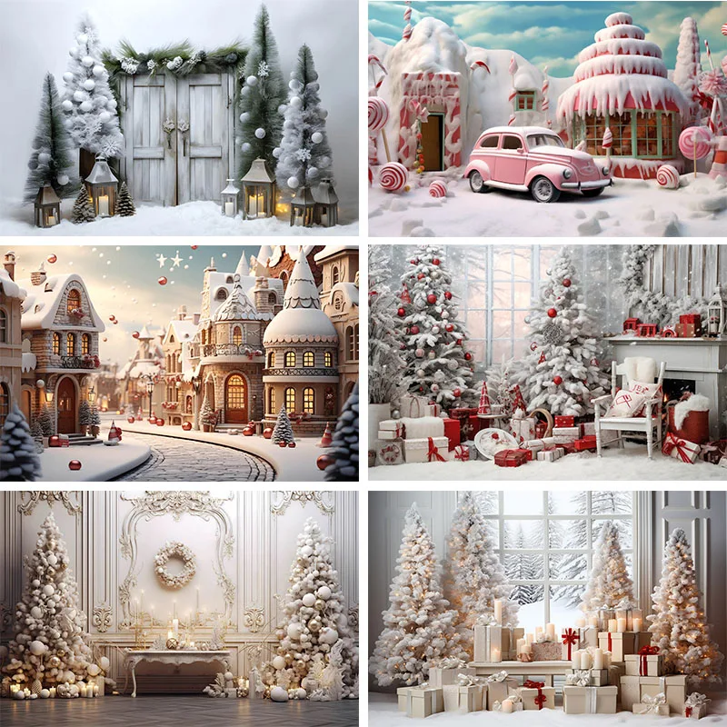 

Christmas Photography Backdrop Xmas Fireplace White Christmas Tree Gifts Pine Trees Family Party Decor Studio Photo Background