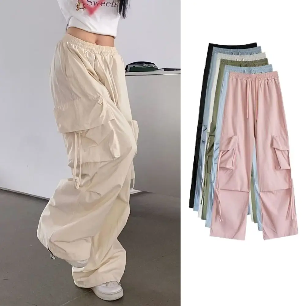 Drawstring Wide Leg Sweatpants Multi-pockets Oversized Baggy Cargo Pants High Waisted Y2K Women Joggers Trousers Sports