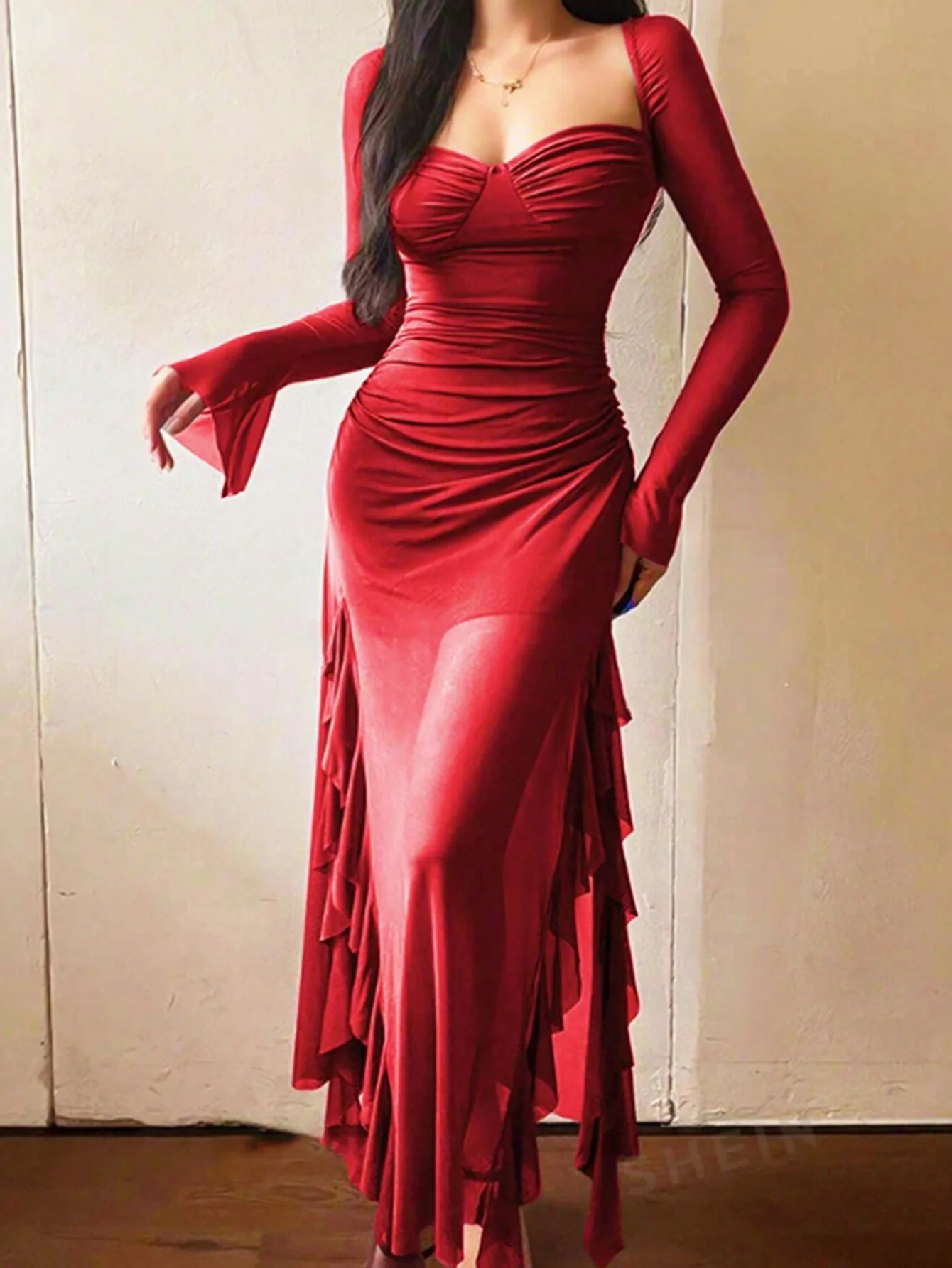 Women's Plain Ruffle Trim Long Sleeve Dress Fashion Sheer Mesh - Image 2