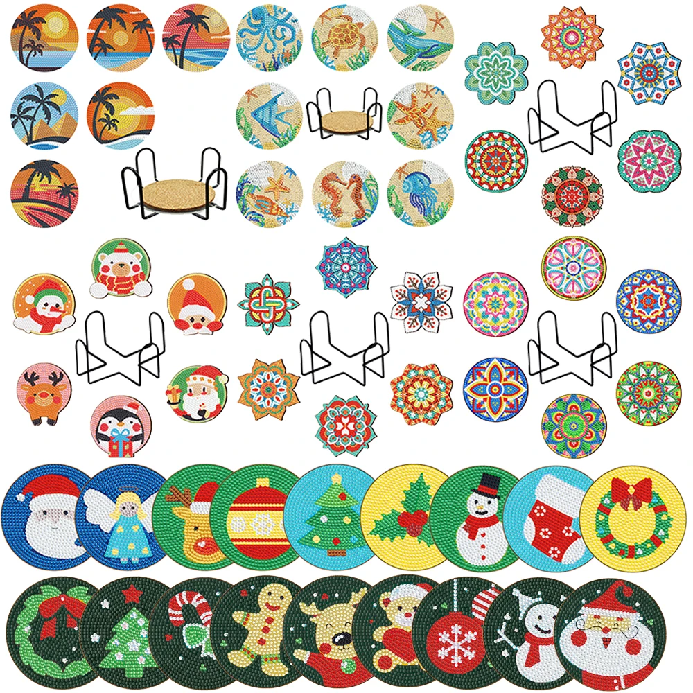  8 Pcs Christmas Diamond Art Painting Coasters Kits with Holder  DIY Christmas Candy Santa Diamond Art Coaster Non Slip Coaster for Adults  Xmas Holiday Diamond Painting Kits Supplies