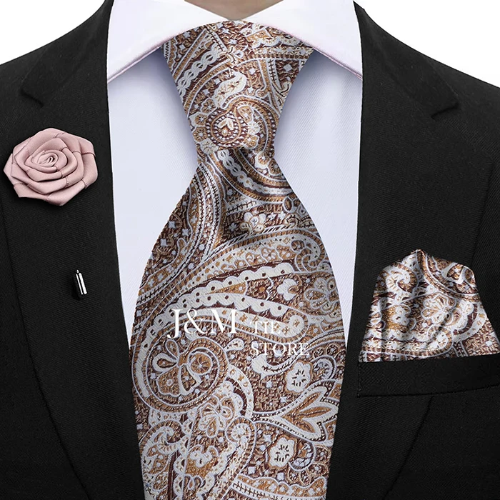 Champagner Gold-farbe Seide Herren Elegante Krawatten Mode Herren Krawatte Einstecktuch Manschettenknöpfe Brosche Set Business Party Hochzeit – Detail 15