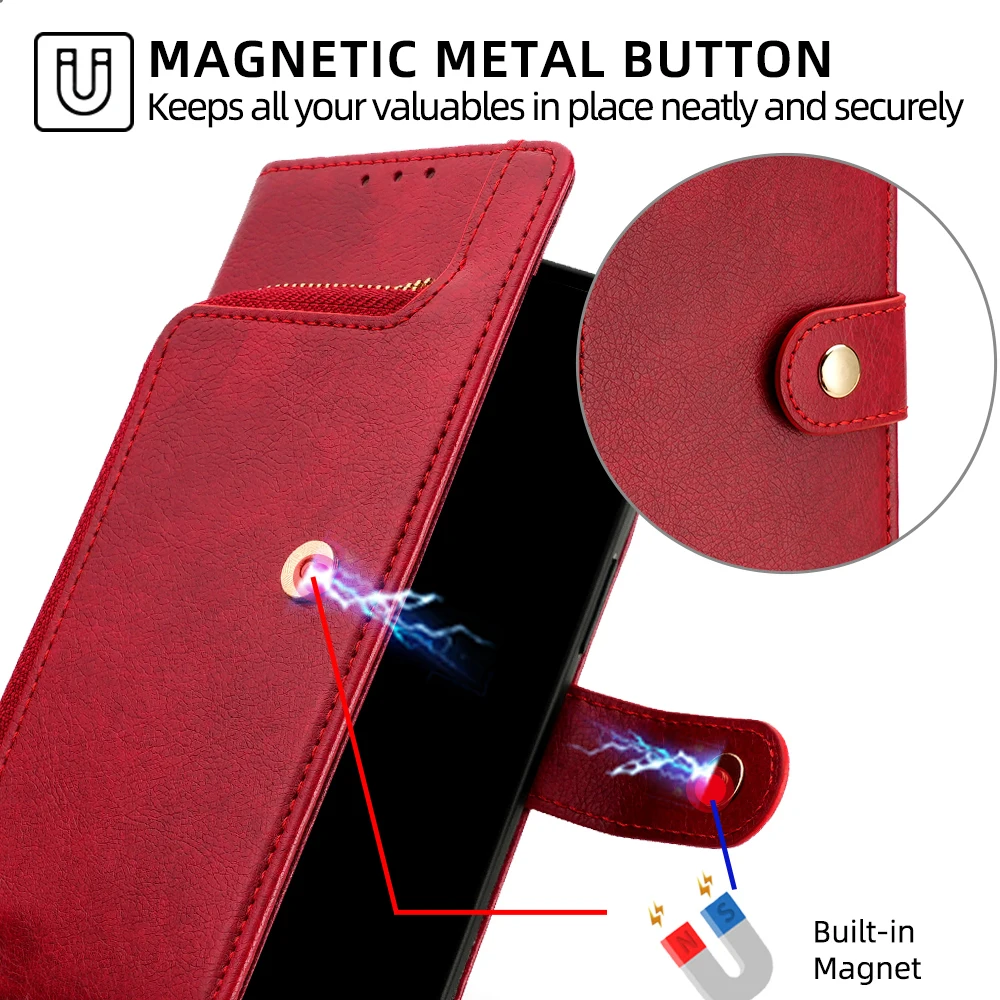 Leather Flip Phone Case with Zipper Wallet, Card Slots, and Lanyard
