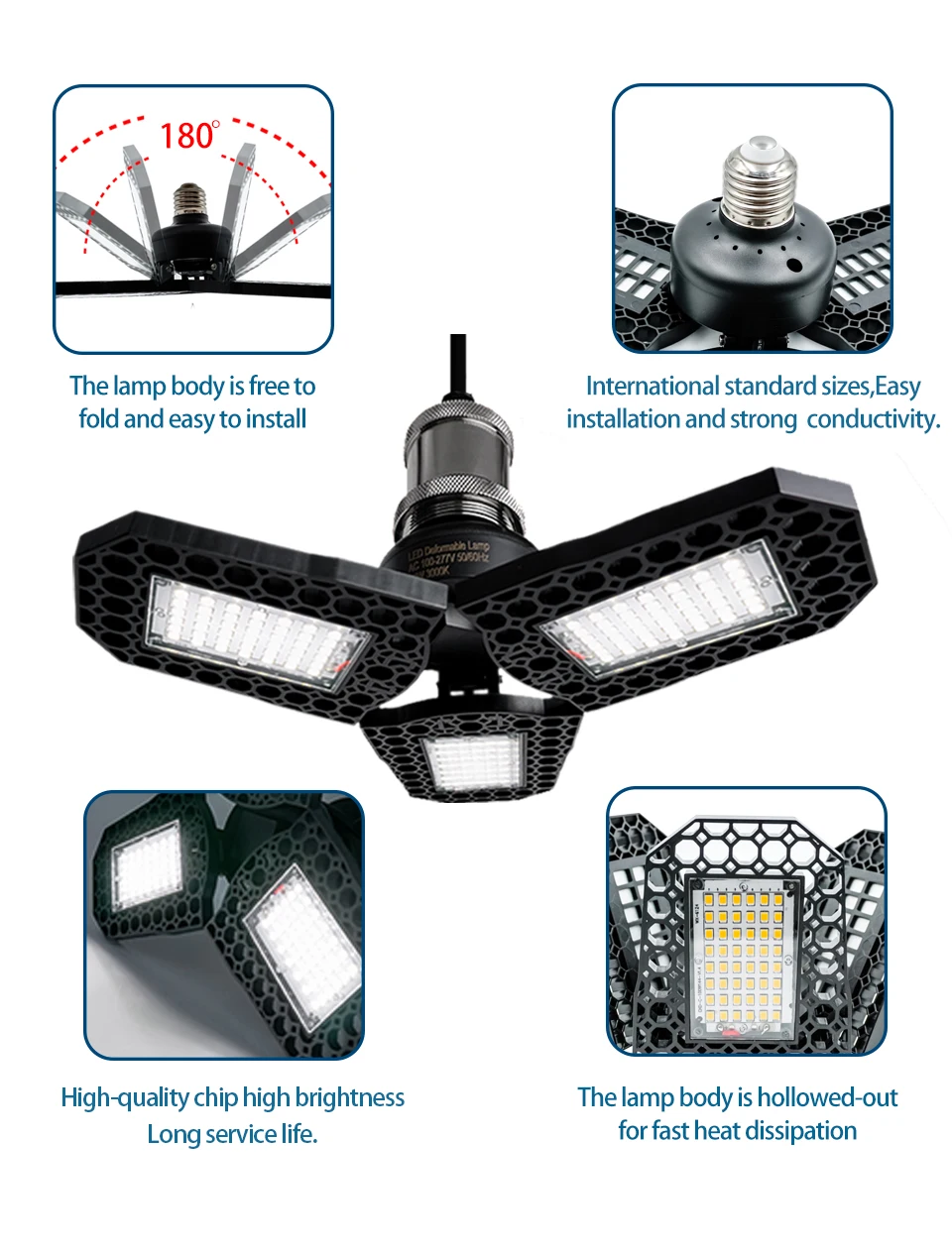 LED Deformation Folding Lamp E27 Screw Three-Leaf Bulb 40W 60W 80W Celiing Light Wide Pressure AC 110V 220V Led Garage Light