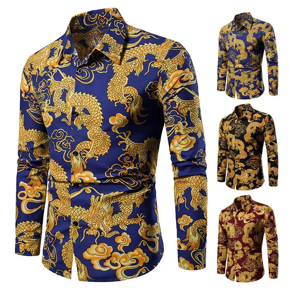 цена Men Shirt Chinese Style Mighty Dragon Print Turn-down Collar Spring T-Shirt for Daily Wear