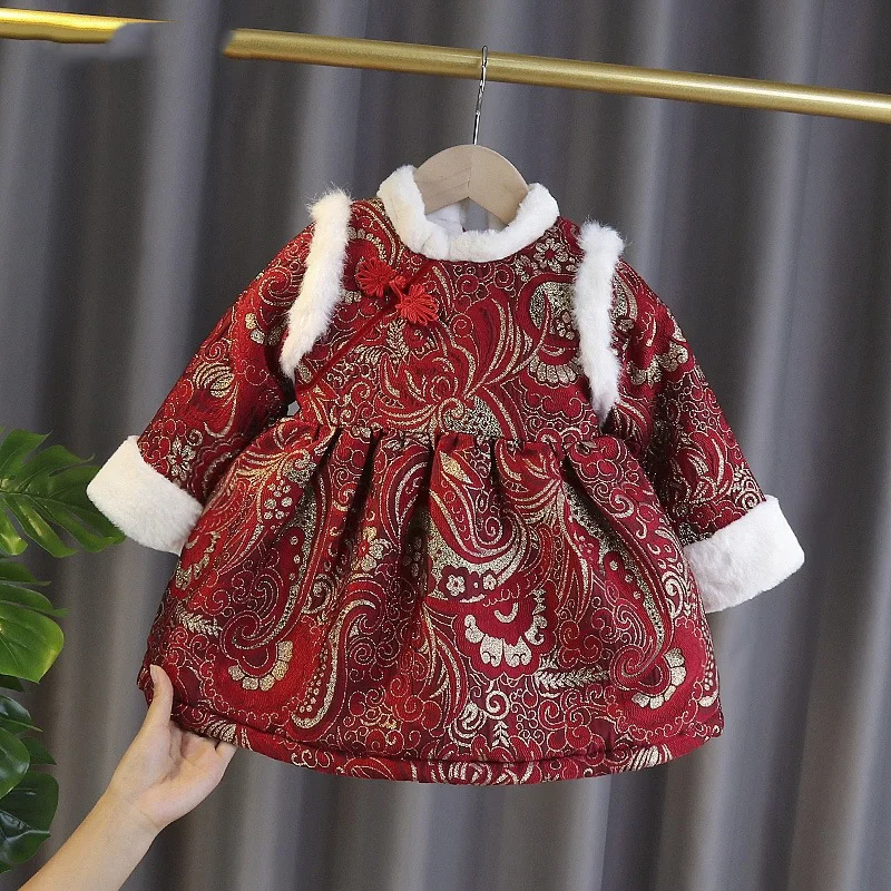 

1 year birthday girl Dress Children Long Sleeve Winter Plush Thickened Flower Girl Dress Chinese Style New Year christmas Dress