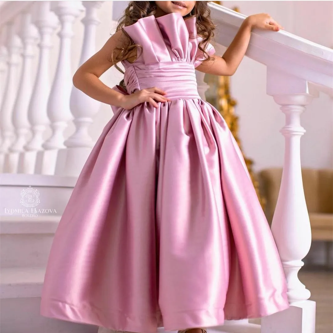 

Cute Short A-Line Satib Flower Girls Dresses Pleated Floor Length Zipper Back Pink Fleuriste Robes de Soirée for Girls