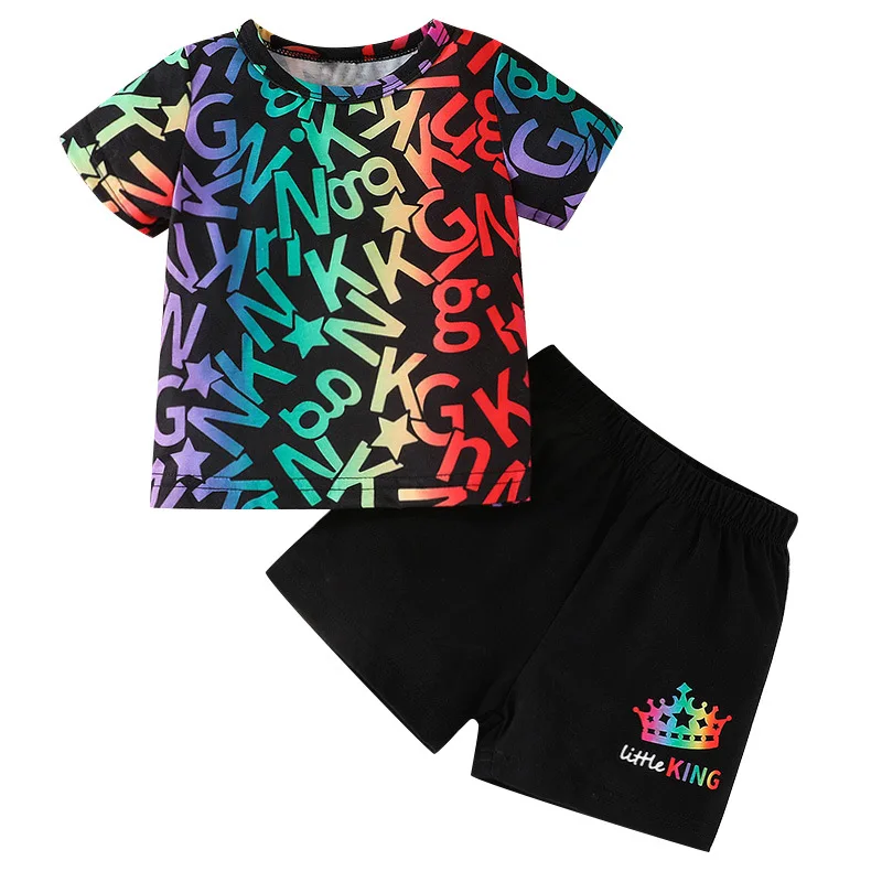 

2023 Summer Boys Suit New Children's Letter Print Short Sleeve T-Shirt Shorts Suit Boys Clothes Suit 30