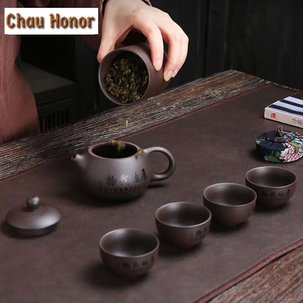 Portable Tea Set Teapot Handmade Purple Clay Tea Pot 4 Cups Set Zisha Ceramic Chinese Zisha Kungfu Cha Pottery Teapot Travel Kit