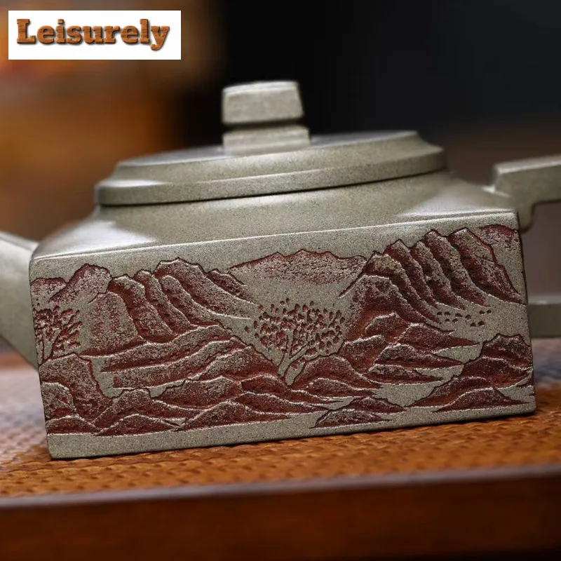 250ml Yixing Purple Clay Teapot Handmade Square Pot Raw Ore Crab Shell Cyan Mud Tea Brewing Kettle With Filter Zisha Teaset Gift