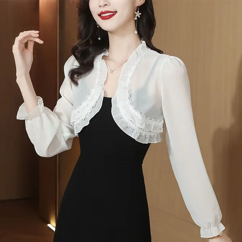 여성용 화이트 블랙 플로럴 쉬폰, 여성용 볼레로 웨딩 랩, 긴팔 오픈 프론트 쉬그 숄, 신부 가디건, 탑 커버
