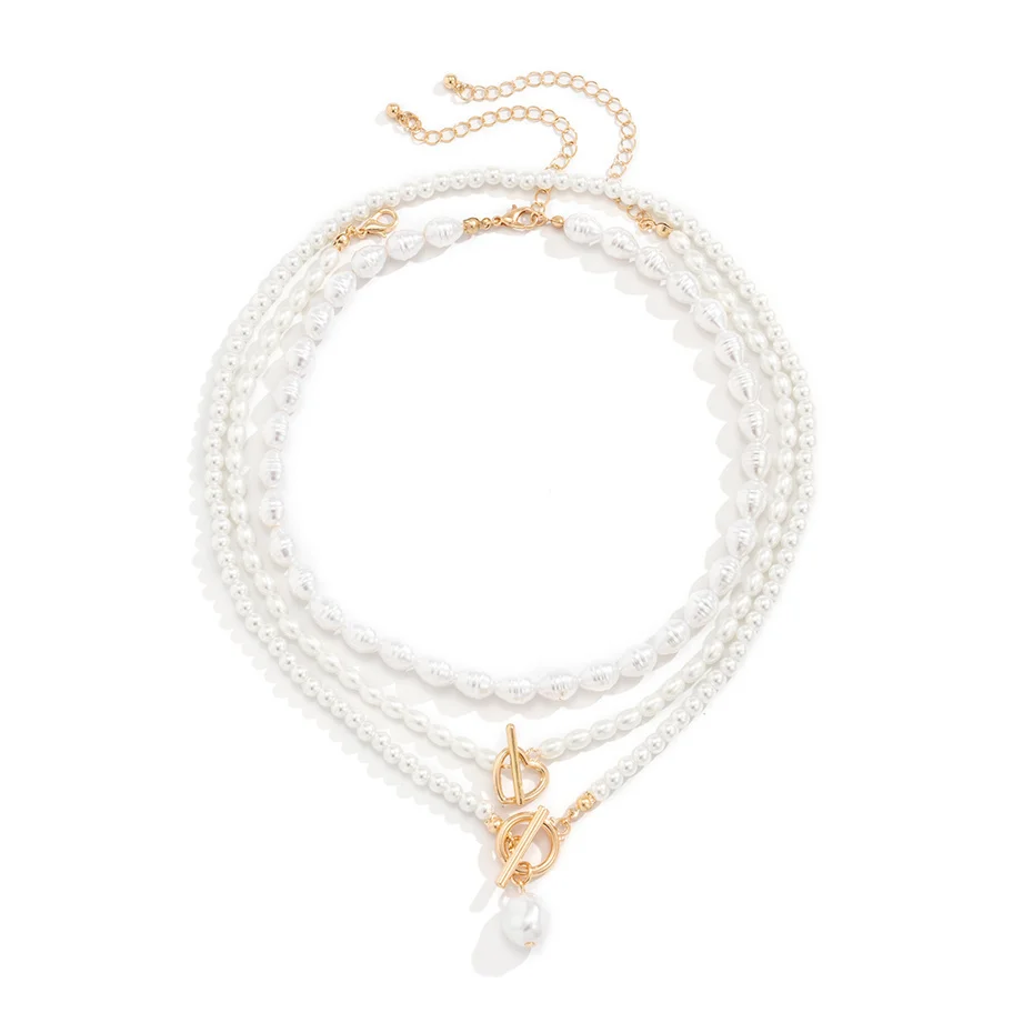 Women Three Layers Pearl Necklace With Golden Heart Buckle Pendant Detail