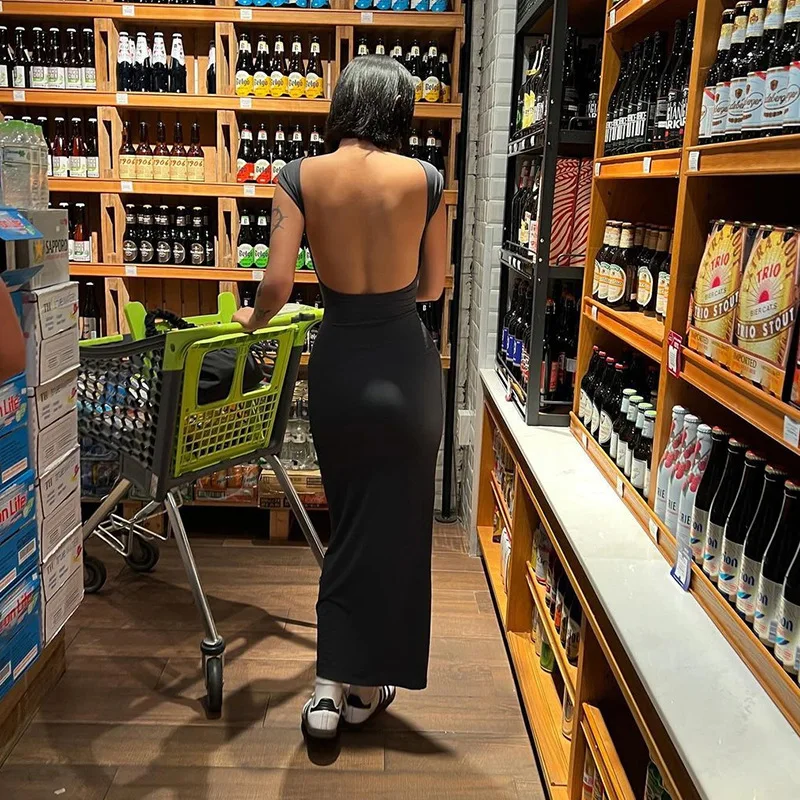 Hot Backless Black Dress - Sleeveless Patchwork High Waist Solid Long Dress