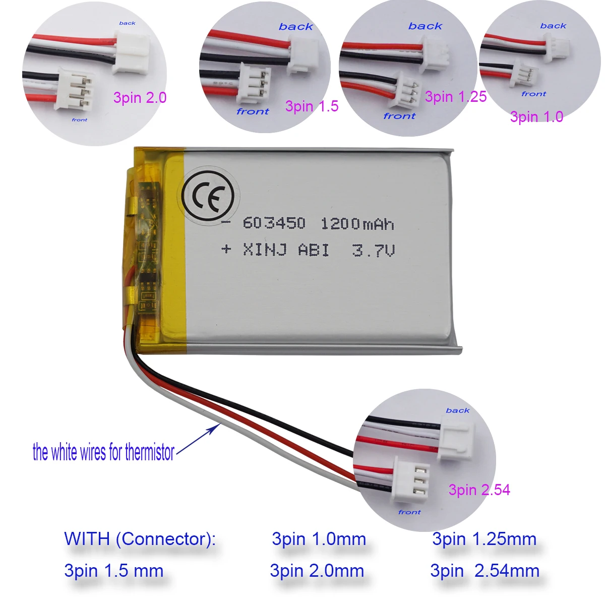 3.7V 1200 mAh 603450 Polymer Li Lipo Battery Thermistor 3 Wires JST