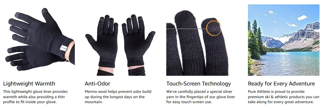 Unisex 100%Merino Wool Glove Liner with Touch Screen Technology Wool Winter Gloves for Skiing Cold Weather Warm Moisture Wicking