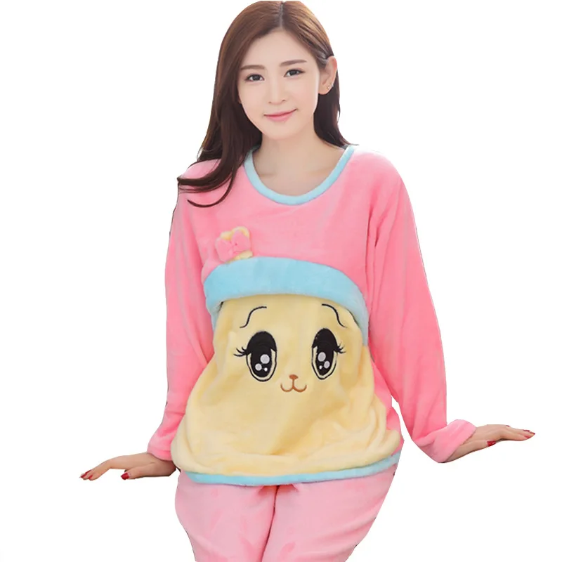 Autumn Long Sleeve flannel Maternity Clothing winter Thin coral fleece Pajamas Set Pregnant Women Breastfeeding Nursing Pyjama Cotton Pajama Set Breastfeeding Nightgown Maternity Nightgown Set