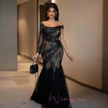 Black Long Party Gown Mermaid Saudi Arabic Evening Formal Dresses Off Shoulder Lace Tutu Customized Jersey Bespoke Wedding
