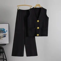 Casual Knit 2 Pieces Suit Women V-neck Sleeveless Single Breasted Slim Tank Wide leg Pants Female Set 2025 Spring Summer - Image 5