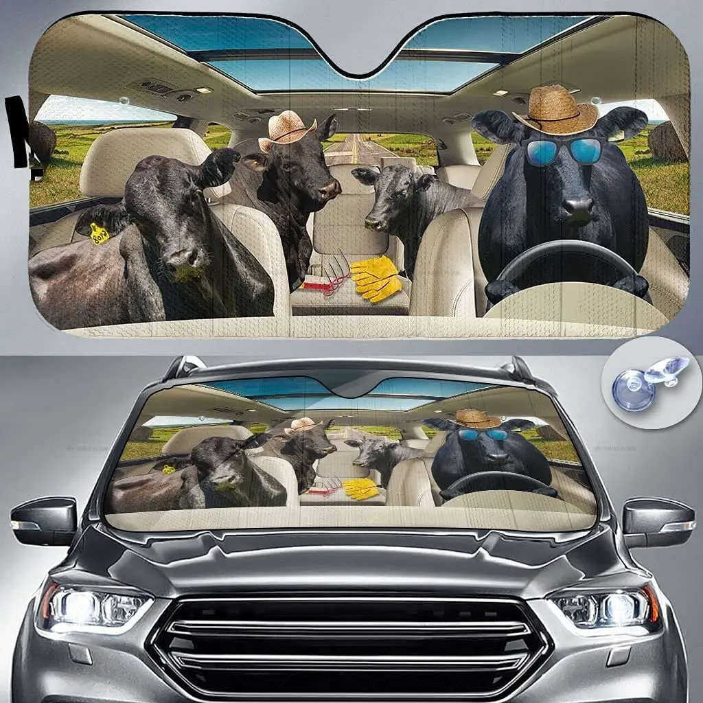 

Funny Brangus Cattle Family Driving On Summer Car Sunshade Windshield Window, Gift for Farmer Lover, Car Windshield Durable Auto
