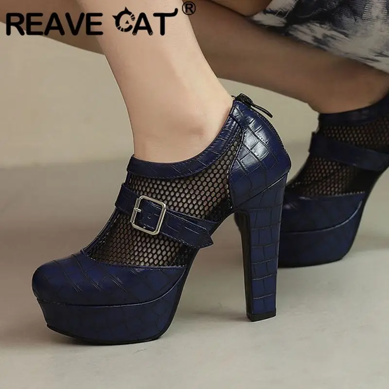 

Женские туфли-лодочки с пряжкой REAVE CAT, брендовые туфли на высоком каблуке 11,5 см и платформе 2,5 см, дышащие сетчатые туфли больших размеров 49 50 с застежкой-молнией для свиданий