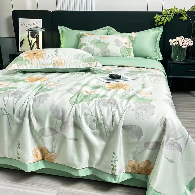 Nordic Style Summer Quilt Silk Bedding Set Water Wash Silk Air Conditioning Summer Bedding Bed Sheets Pillowcases Four Piece Set